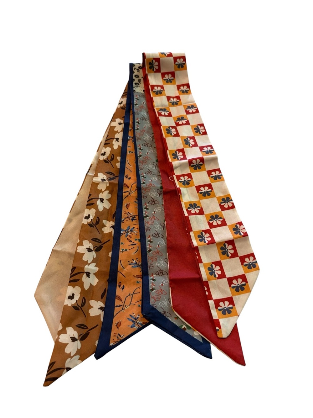 Bag Scarf Bundle Silky Patterned  Scarves in Red, Gold, Brown and Blue